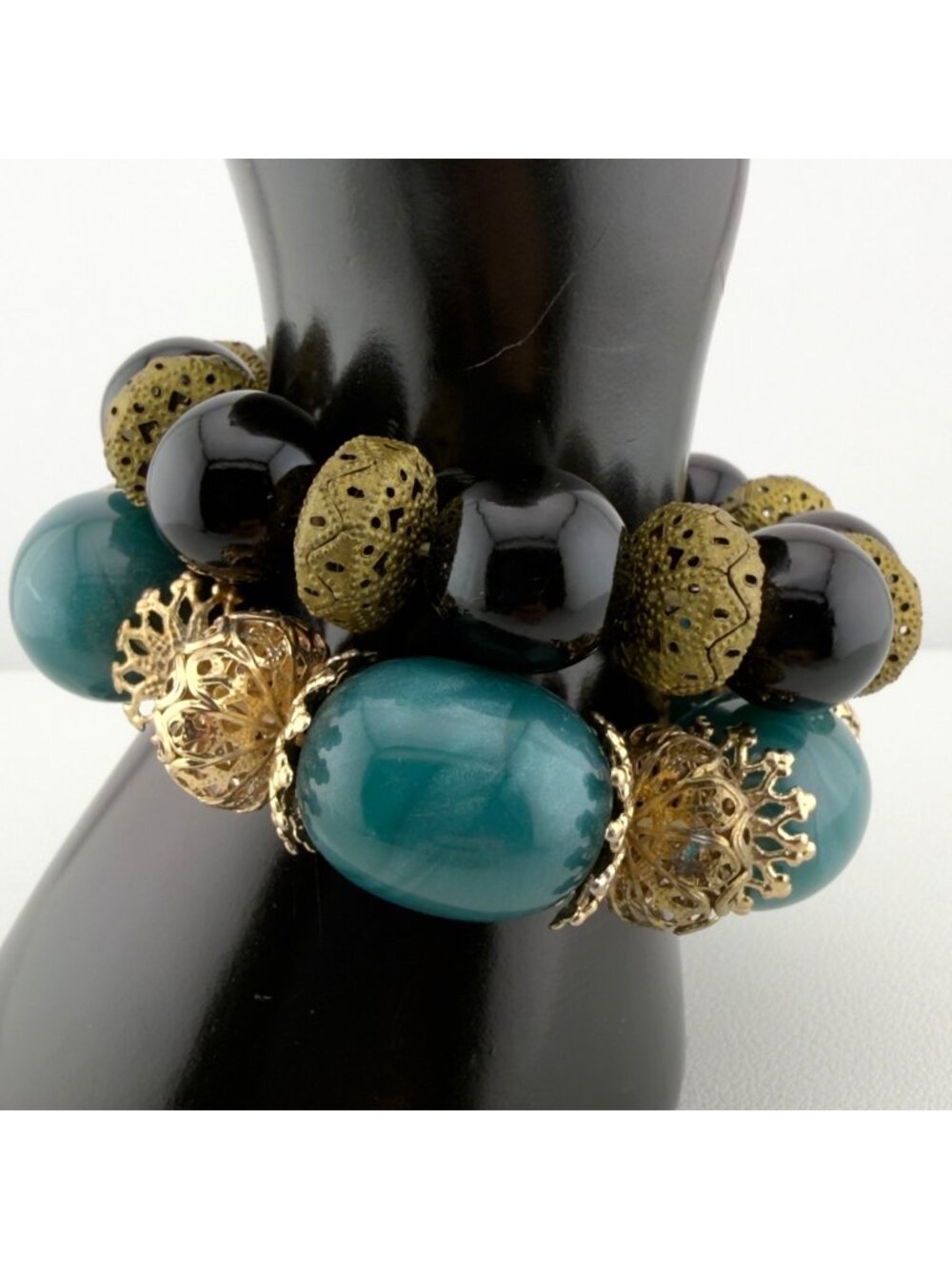 Vintage Chunky Bracelet Set Beaded Acrylic Filigree Stretch Teal Black